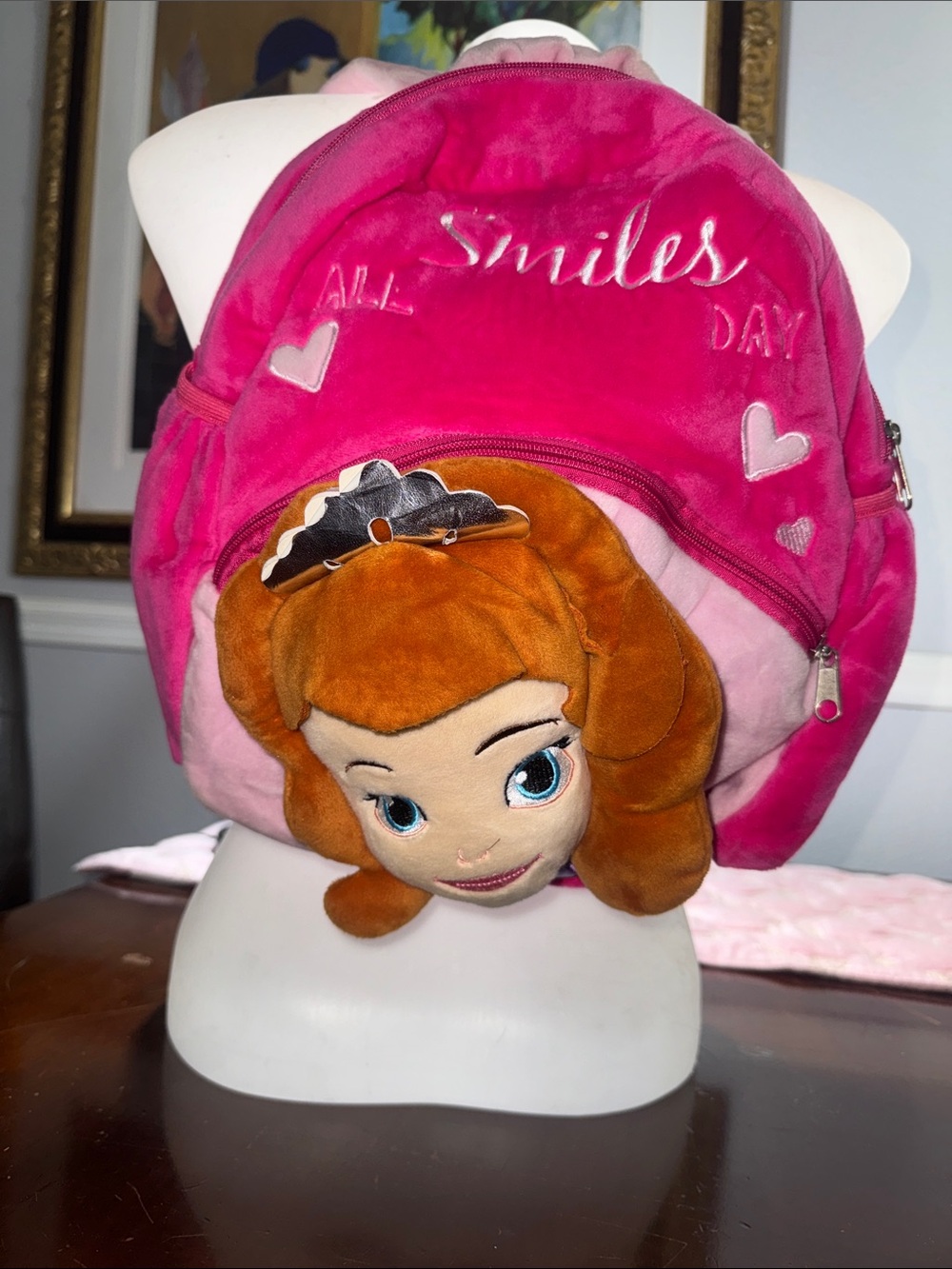 Girls Plush Character Backpack in Bright Pink with Heart Details